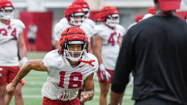 Razorbacks wide receiver Isaiah Sategna at a practice Aug. 8 at the indoor field in Fayetteville, Ark.