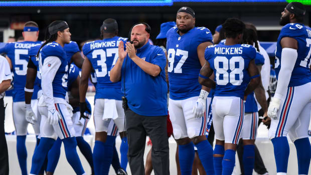 Aug 18, 2023; East Rutherford, New Jersey, USA; New York Giants head coach Brian Daboll looks on during the first quarter against the Carolina Panthers at MetLife Stadium.