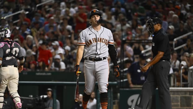 SF Giants shortstop Casey Schmitt (6) reacts with disappointment after striking out to end an inning (2023)