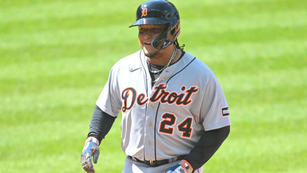 Aug 20, 2023; Cleveland, Ohio, USA; Detroit Tigers designated hitter Miguel Cabrera (24) reacts after hitting a single in his last at bat at Progressive Field in the eighth inning against the Cleveland Guardians. Mandatory Credit: David Richard-USA TODAY Sports  