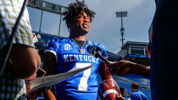 Kentucky sophomore wide receiver Barion Brown answers questions from reporters on UK Media Day Friday, Aug. 4, 2023 at Kroger Field in Lexinton. Brown is the first Wildcat to win a SEC weekly award three times in a single season since Lynn Bowden Jr. in 2019.