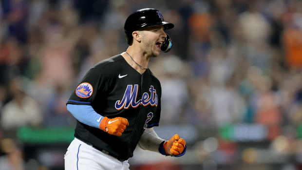 Jul 28, 2023; New York City, New York, USA; New York Mets first baseman Pete Alonso (20) reacts after hitting a two run home run against the Washington Nationals during the seventh inning at Citi Field. The home run was his second of the game. Mandatory Credit: Brad Penner-USA TODAY Sports