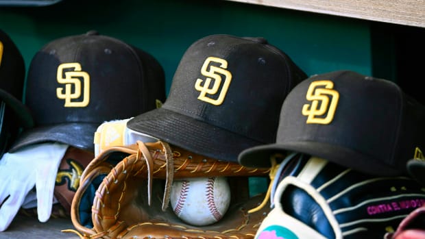 May 24, 2023; Washington, District of Columbia, USA; San Diego Padres hats in the dugout during the game against the Washington Nationals at Nationals Park.
