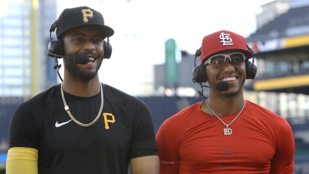 Aug 22, 2023; Pittsburgh, Pennsylvania, USA; Brothers Pittsburgh Pirates outfielder Joshua Palacios (left) and St. Louis Cardinals outfielder Richie Palacios (right) are interviewed before their game at PNC Park.