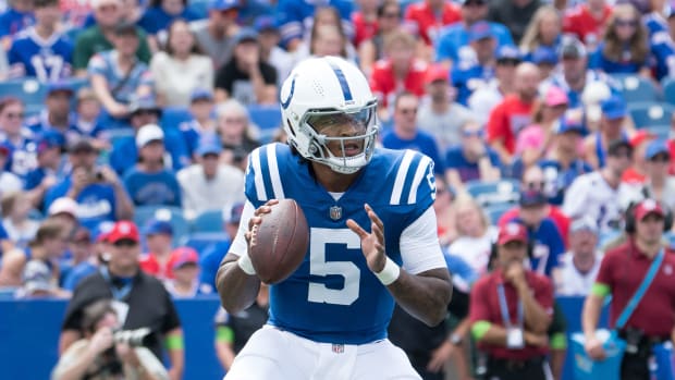 Aug 12, 2023; Orchard Park, New York, USA; Indianapolis Colts quarterback Anthony Richardson (5) prepares to throw a pass in the first quarter of a pre-season game against the Buffalo Bills at Highmark Stadium. Mandatory Credit: Mark Konezny-USA TODAY Sports