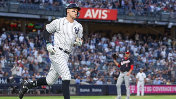 Aug 23, 2023; Bronx, New York, USA; New York Yankees right fielder Aaron Judge (99) runs the bases after his solo home run during the first inning after the game Washington Nationals starting pitcher MacKenzie Gore (1) at Yankee Stadium.