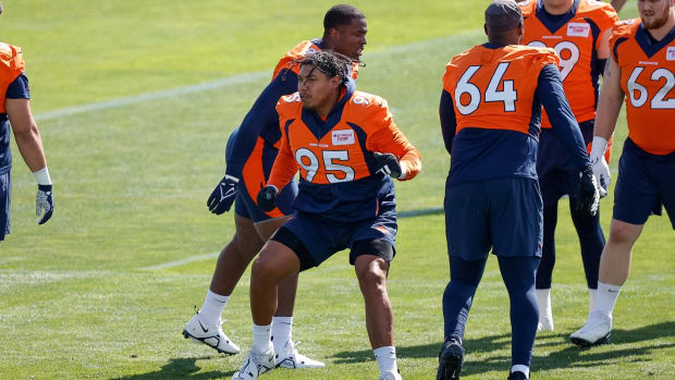 Denver Broncos defensive tackle Elijah Garcia (95) during training camp at Centura Health Training Center.