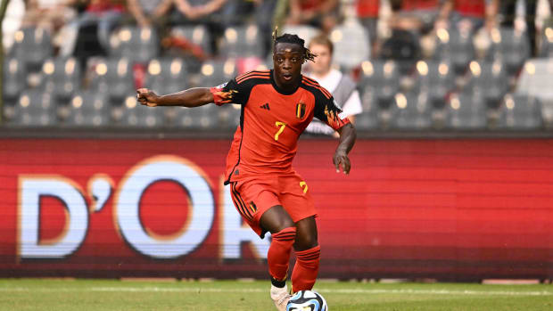Jeremy Doku pictured playing for Belgium in June 2023