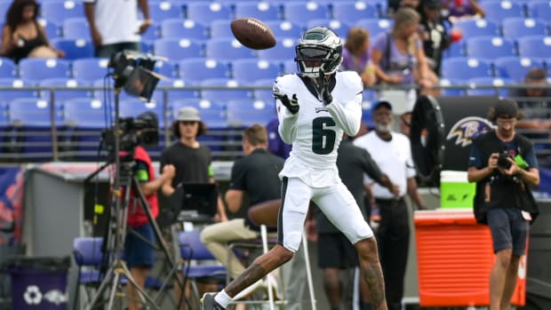 Aug 12, 2023; Baltimore, Maryland, USA; Philadelphia Eagles wide receiver DeVonta Smith (6) caches a pass during the warm ups prior to the game against the Baltimore Ravens at M&T Bank Stadium. Mandatory Credit: Tommy Gilligan-USA TODAY Sports  
