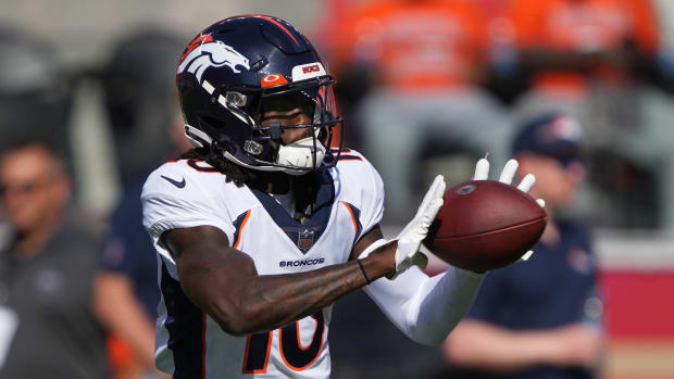 August 19, 2023; Santa Clara, California, USA; Denver Broncos wide receiver Jerry Jeudy (10) warms up before the game against the San Francisco 49ers at Levi's Stadium. Mandatory Credit: Kyle Terada-USA TODAY Sports  