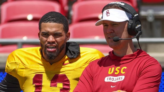 USC quarterback Caleb Williams and coach Lincoln Riley during spring practice in Los Angeles