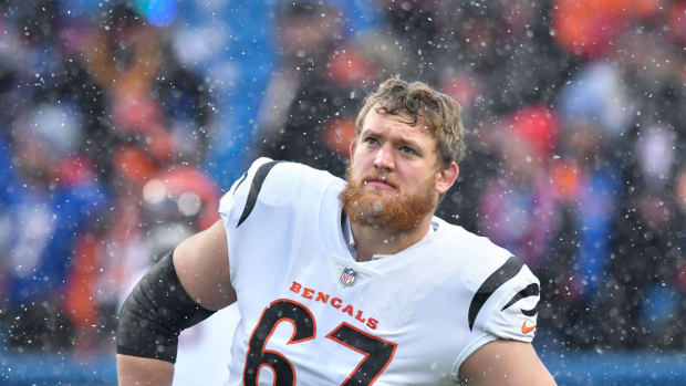 Jan 22, 2023; Orchard Park, New York, USA; Cincinnati Bengals offensive tackle Cordell Volson (67) on the field prior to an AFC divisional round game against the Buffalo Bills at Highmark Stadium. Mandatory Credit: Mark Konezny-USA TODAY Sports  