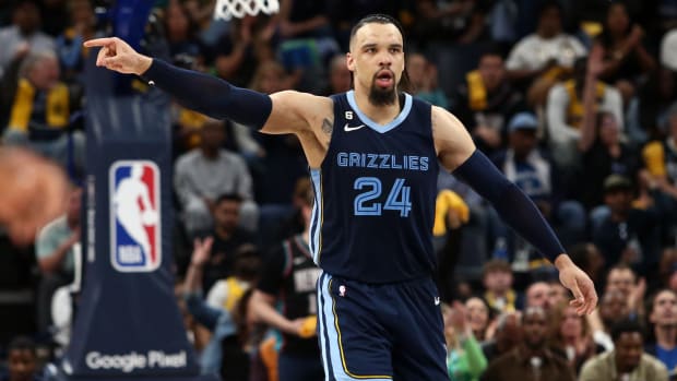 Apr 16, 2023; Memphis, Tennessee, USA; Memphis Grizzlies forward Dillon Brooks (24) reacts during the second half during game one of the 2023 NBA playoffs against the Los Angeles Lakers at FedExForum. Mandatory Credit: Petre Thomas-USA TODAY Sports
