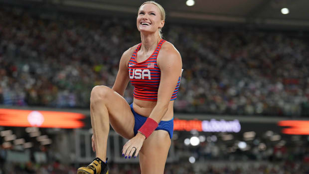 Pole vaulter Katie Moon smiles after performing a vault at the World Athletics Championships.