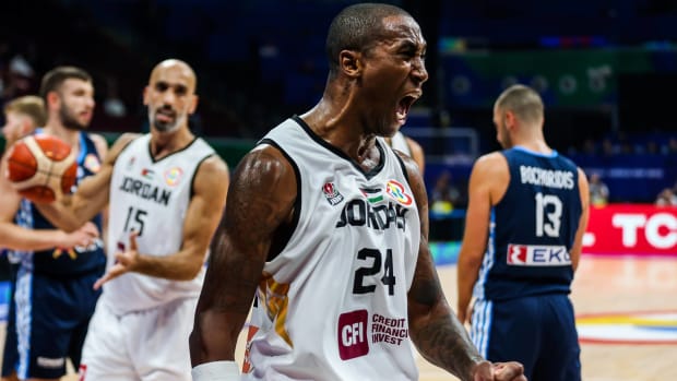 Veteran forward Rondae Hollis-Jefferson screams in celebration after scoring for team Jordan in the FIBA World Cup.