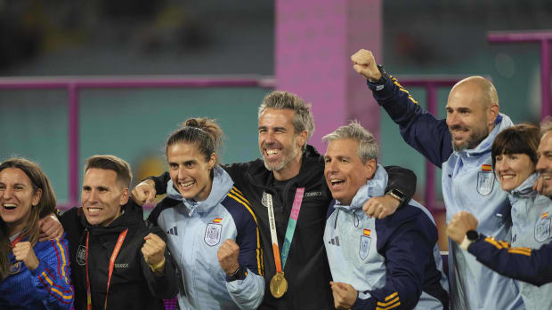 Jorge Vilda pictured (center) celebrating with his coaching staff following Spain's victory in the 2023 Women's World Cup final