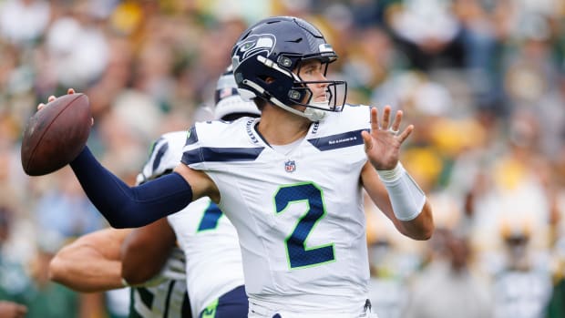 Seattle Seahawks quarterback Drew Lock (2) throws a pass during the first quarter against the Green Bay Packers at Lambeau Field.