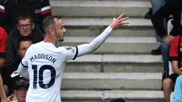 James Maddison pictured celebrating after scoring the first goal of his Tottenham career in a 2-0 win at Bournemouth in August 2023