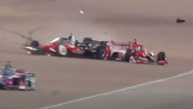 Will Power (left) and Marcus Ericsson were involved in a wreck during Saturday night's practice at WorldWide Technology Raceway near St. Louis. Screenshot courtesy NBC Sports.