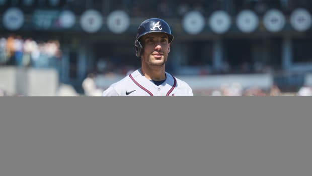Aug 26, 2023; San Francisco, California, USA; Atlanta Braves infielder Matt Olson (28) walks to the dugout after an at bat against the San Francisco Giants during the fifth inning at Oracle Park.