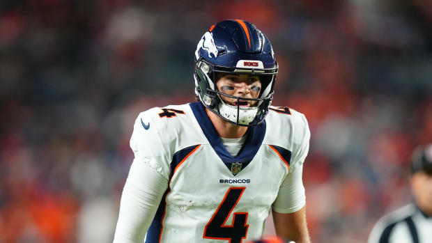 Denver Broncos quarterback Jarrett Stidham (4) in the first half at Empower Field at Mile High.