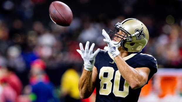 Aug 13, 2023; New Orleans, Louisiana, USA; New Orleans Saints tight end Jimmy Graham (80) warms up before the game against the Kansas City Chiefs during the pregame at the Caesars Superdome. Mandatory Credit: Stephen Lew-USA TODAY Sports  