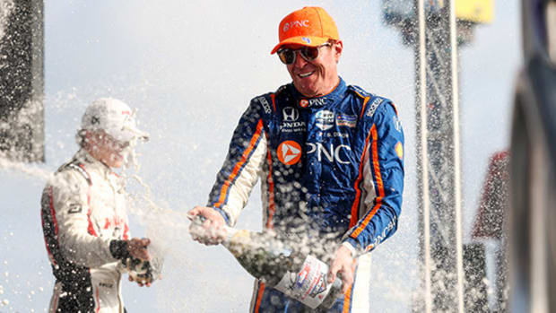 Scott Dixon celebrates after winning Sunday's race at WorldWide Technology Raceway near St. Louis. Photo courtesy IndyCar.