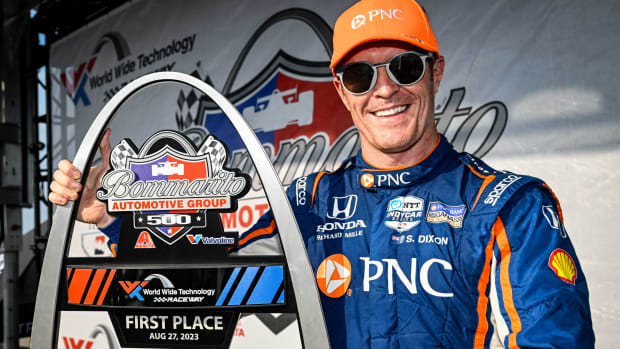 Six-time IndyCar champ Scott Dixon celebrates his second straight win of the season -- and remains the only driver to potentially keep Alex Palou from a 2nd championship in 3 seasons. Photo courtesy Chip Ganassi Racing.