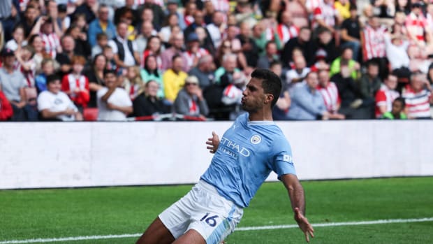 Rodri pictured celebrating after scoring Manchester City's winning goal in a 2-1 victory at Sheffield United in August 2023