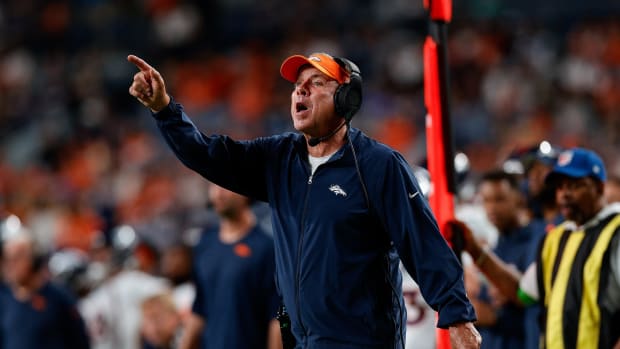 Denver Broncos head coach Sean Payton gestures in the fourth quarter against the Los Angeles Rams at Empower Field at Mile High.