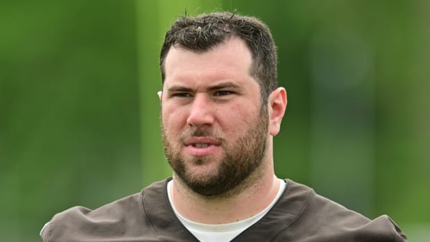 Browns offensive lineman Michael Dunn participates at training camp.