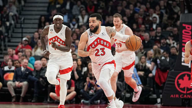 Feb 28, 2023; Toronto, Ontario, CAN; Toronto Raptors guard Fred VanVleet (23) dribbles up court against the Chicago Bulls during the first half at Scotiabank Arena. Mandatory Credit: John E. Sokolowski-USA TODAY Sports