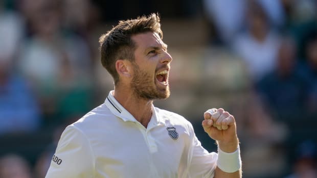Cameron Norrie (GBR) reacts to a point during his match against Christopher Eubanks (USA) on day five of Wimbledon at the All England Lawn Tennis and Croquet Club
