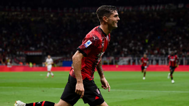 Christian Pulisic pictured celebrating after scoring on his home debut for AC Milan in a 4-1 win over Torino in August 2023
