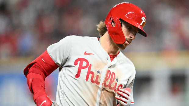 Jul 21, 2023; Cleveland, Ohio, USA; Philadelphia Phillies second baseman Bryson Stott (5) rounds the bases after hitting a home run during the seventh inning against the Cleveland Guardians at Progressive Field. Mandatory Credit: Ken Blaze-USA TODAY Sports