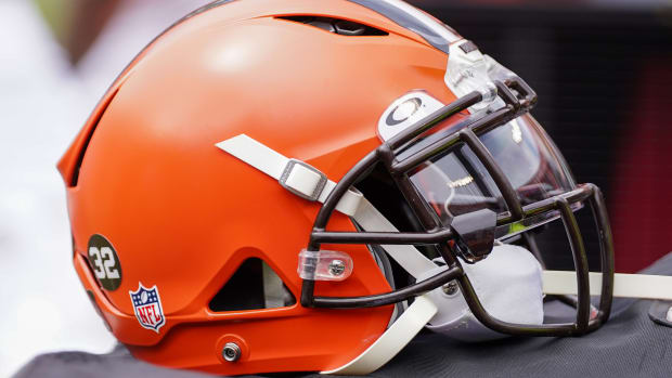 Aug 26, 2023; Kansas City, Missouri, USA; A general view of a Cleveland Browns helmet during the second half against the Kansas City Chiefs at GEHA Field at Arrowhead Stadium. Mandatory Credit: Denny Medley-USA TODAY Sports