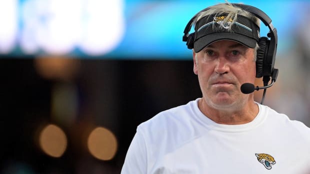 Jaguars head coach Doug Pederson looks on while coaching a preseason game.