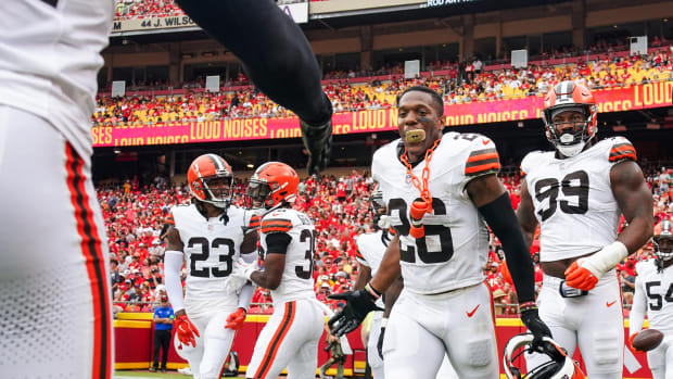 Aug 26, 2023; Kansas City, Missouri, USA; Cleveland Browns safety Rodney McLeod (26) celebrates with teammates after an interception against the Kansas City Chiefs during the first half at GEHA Field at Arrowhead Stadium. Mandatory Credit: Jay Biggerstaff-USA TODAY Sports