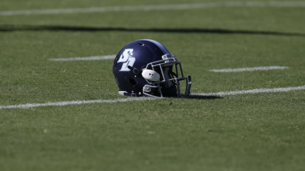A view of a San Diego Toreros football helmet.