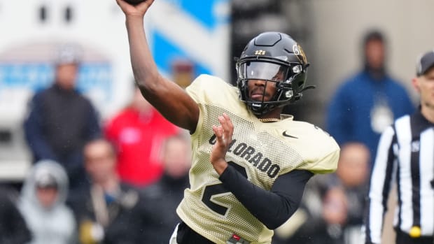 Colorado Buffaloes quarterback Shedeur Sanders (2) passes the ball during the first half of a spring game at Folsom Filed.