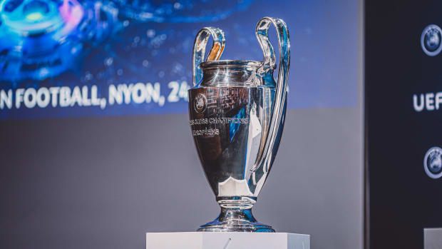 The UEFA Champions League trophy pictured on display in July 2023