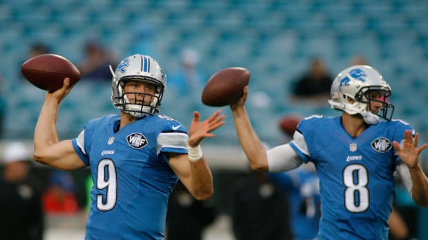 Aug 28, 2015; Jacksonville, FL, USA; Detroit Lions quarterbacks Matthew Stafford (9) and Dan Orlovsky (8) throw the ball prior to their preseason NFL football game against the Jacksonville Jaguars at EverBank Field. Mandatory Credit: Phil Sears-USA TODAY Sports