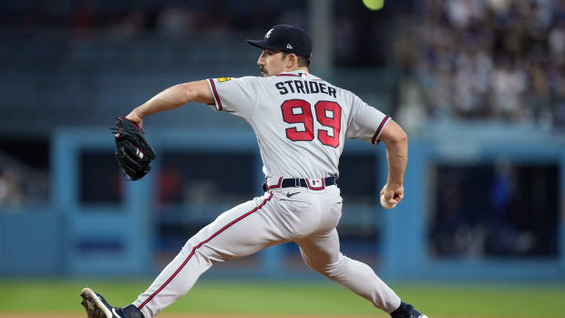 Aug 31, 2023; Los Angeles, California, USA; Atlanta Braves starting pitcher Spencer Strider (99) throws in the first inning against the Los Angeles Dodgers at Dodger Stadium.