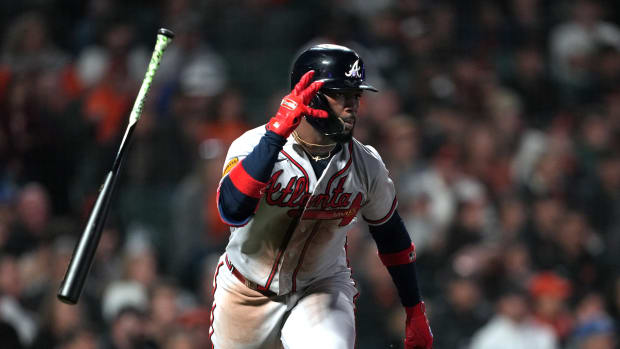 Aug 25, 2023; San Francisco, California, USA; Atlanta Braves center fielder Michael Harris II (23) flips his bat after hitting an RBI single against the San Francisco Giants during the sixth inning at Oracle Park.