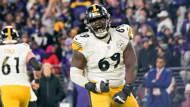Jan 1, 2023; Baltimore, Maryland, USA; Pittsburgh Steelers guard Kevin Dotson (69) reacts after the team scores a touchdown against the Baltimore Ravens during the second half at M&T Bank Stadium. Mandatory Credit: Jessica Rapfogel-USA TODAY Sports