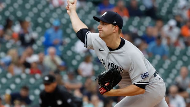 Aug 29, 2023; Detroit, Michigan, USA; New York Yankees starting pitcher Michael King (34) pitches in the first inning against the Detroit Tigers at Comerica Park.