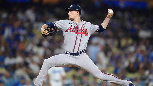 September 1, 2023; Los Angeles, California, USA; Atlanta Braves starting pitcher Max Fried (54) throws against the Los Angeles Dodgers during the fifth inning at Dodger Stadium.