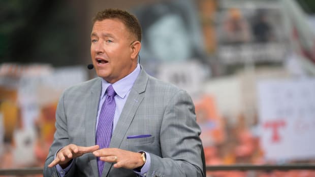 Kirk Herbstreit at the ESPN College GameDay stage outside of Ayres Hall on the University of Tennessee campus in Knoxville, Tenn. on Saturday, Sept. 24, 2022.  
