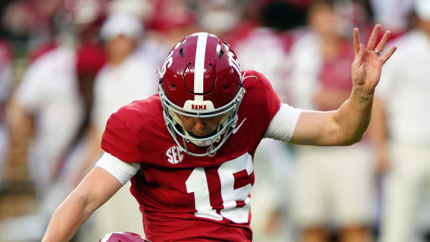 Alabama Crimson Tide place kicker Will Reichard (16) kicks an extra point against the Middle Tennessee Blue Raiders during the first quarter at Bryant-Denny Stadium.