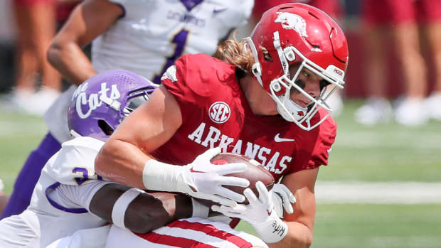 Razorbacks wide receiver Isaac TeSlaa during game with Western Carolina in Little Rock